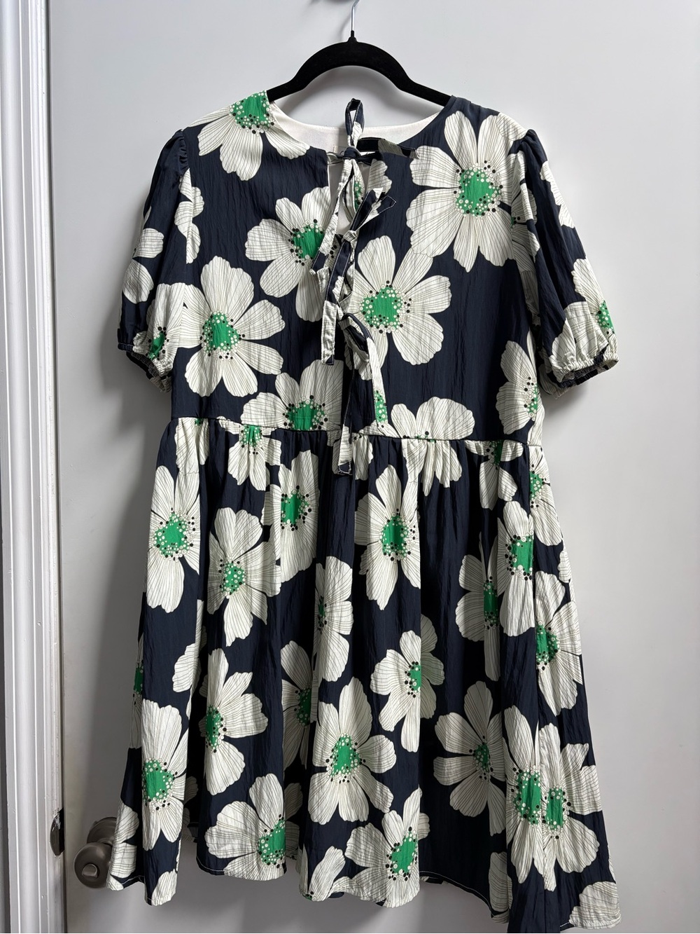 She + Sky Navy Floral Tie-Front Casual Dress with White & Green Blooms